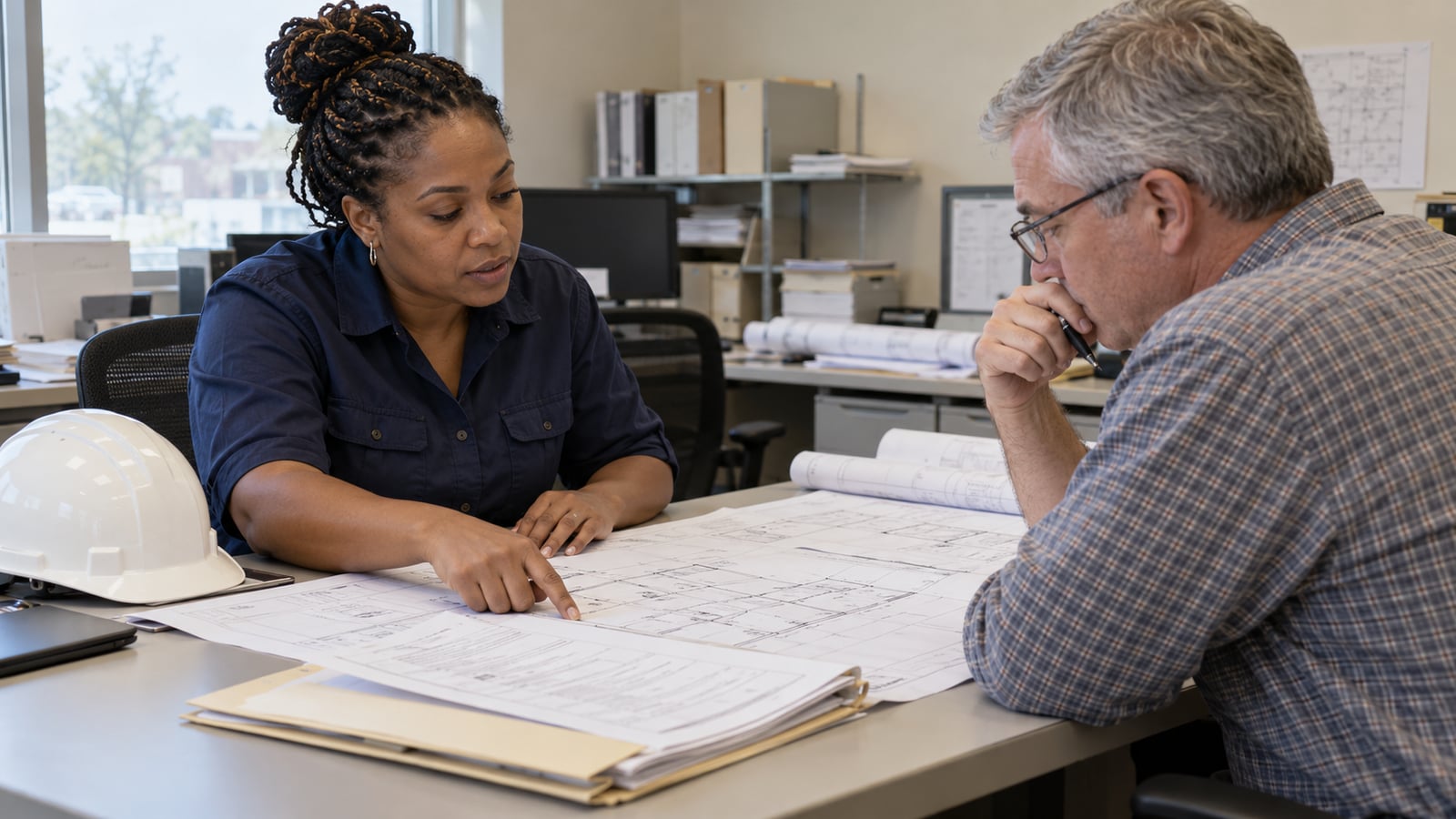 A contractor and plan reviewer discuss drawings and permit paperwork across an office desk.